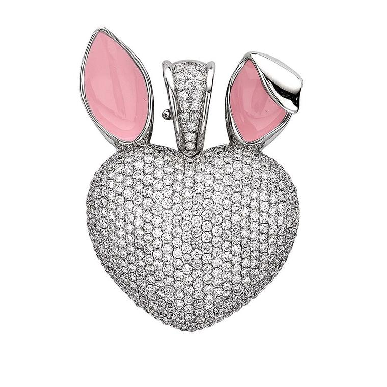 Theo Fennell fine jewellery, white gold, pavé diamond, and pink enamel bunny art pendant.